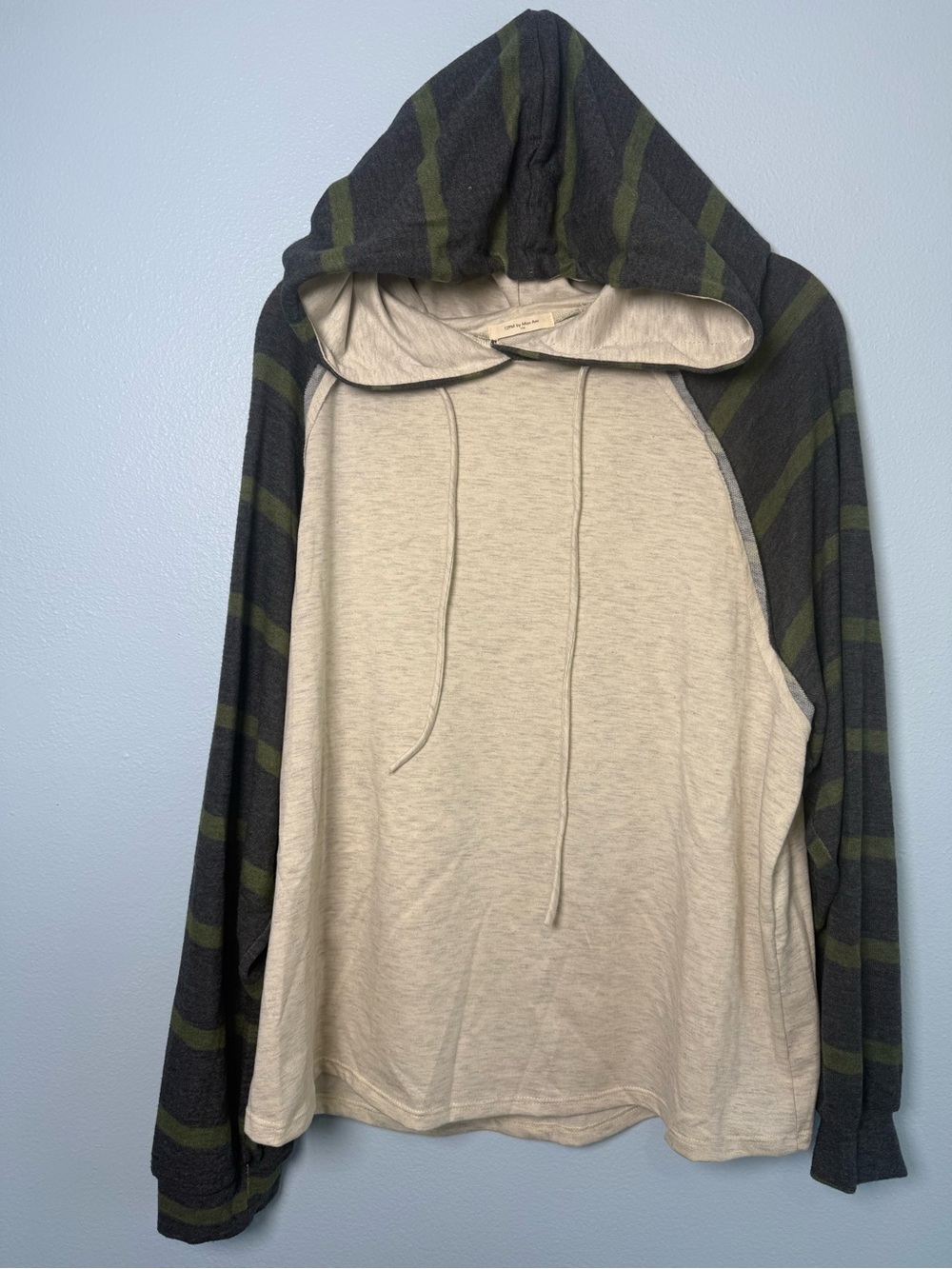 12 Pm By Mon Ami Cream Front Knit Hoodie with Black & Olive Stripe Sleeves